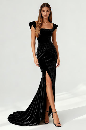 Velvet Black Mermaid Evening Dress with Slit